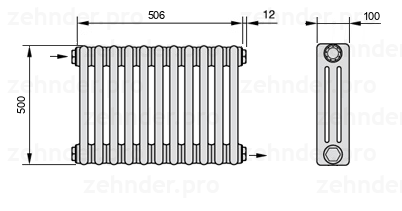 Схема (чертеж) Радиатор Zehnder Charleston 3050/11 №1670 Белый глянцевый RAL 9016